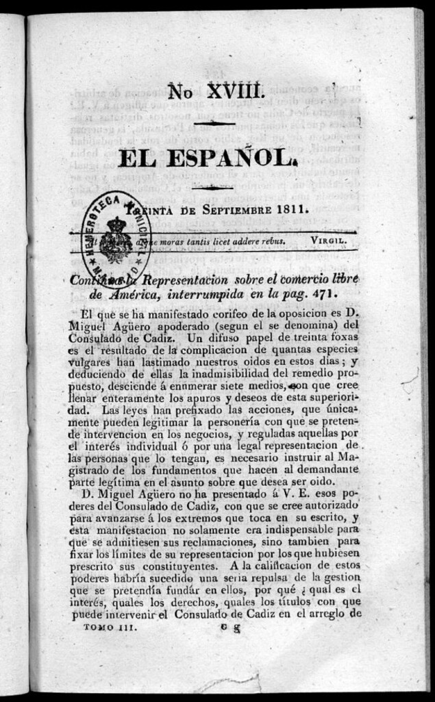 Miniatura de El Español. Nº XVIII, 30 de septiembre de 1811.