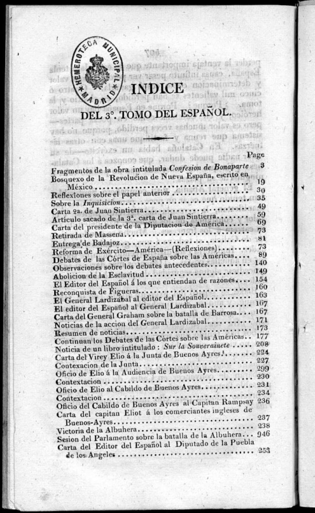 Miniatura de El Español. índice de abril a septiembre de 1811.