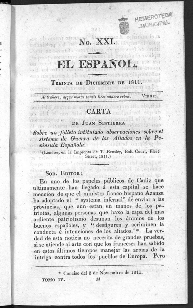 Miniatura de El Español. Nº XXI, 30 de diciembre de 1811.