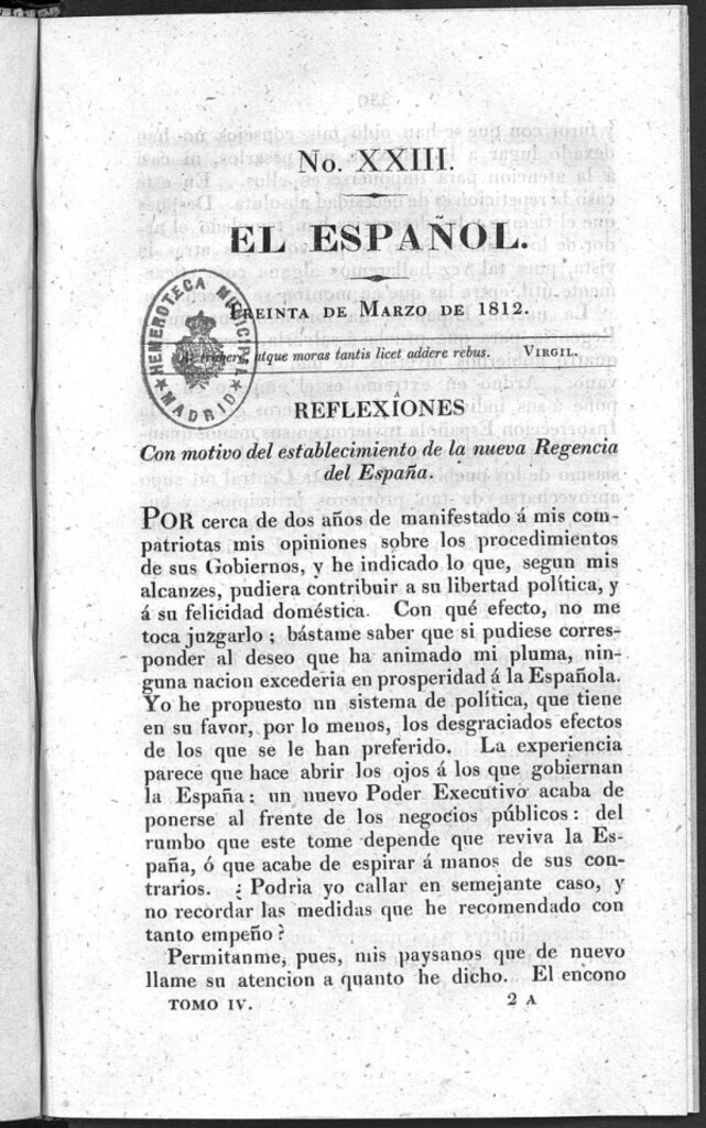 Miniatura de El Español. Nº XXIII, 30 de marzo de 1812.