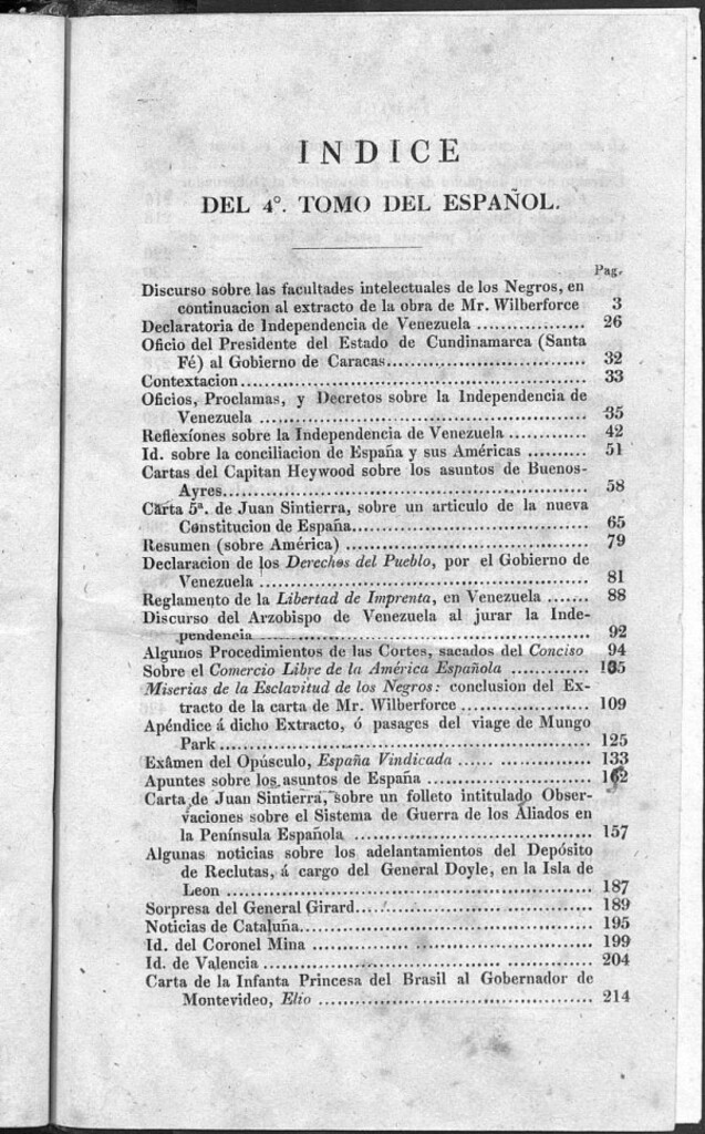 Miniatura de El Español. índice de octubre a diciembre de 1811 y de enero a abril 1812