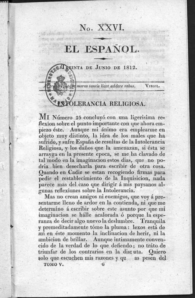 Miniatura de El Español. Nº XXVI, 30 de junio de 1812.