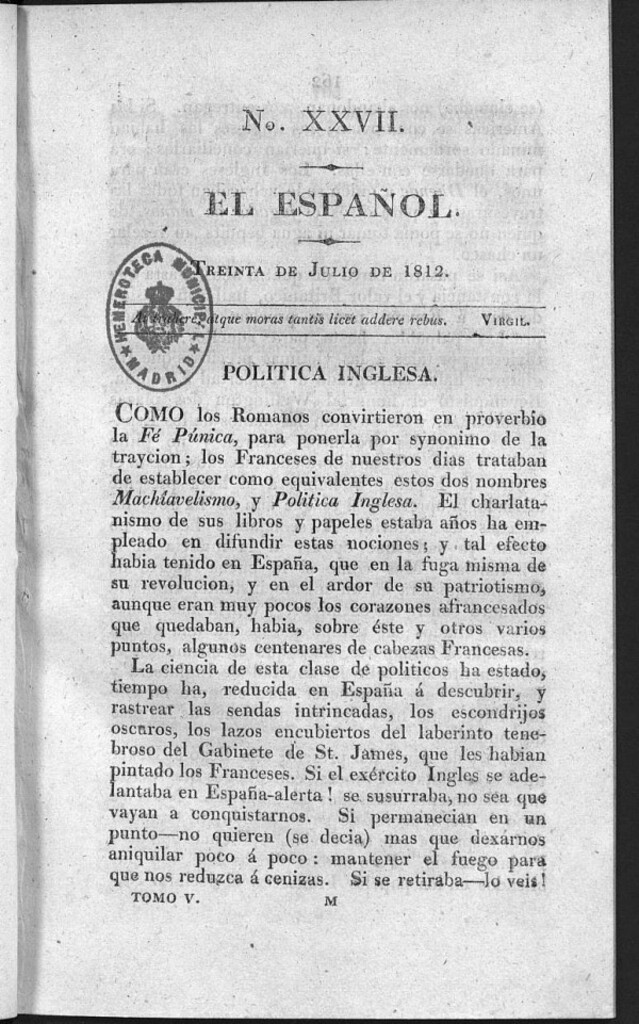 Miniatura de El Español. Nº XXVII, 30 de julio de 1812.