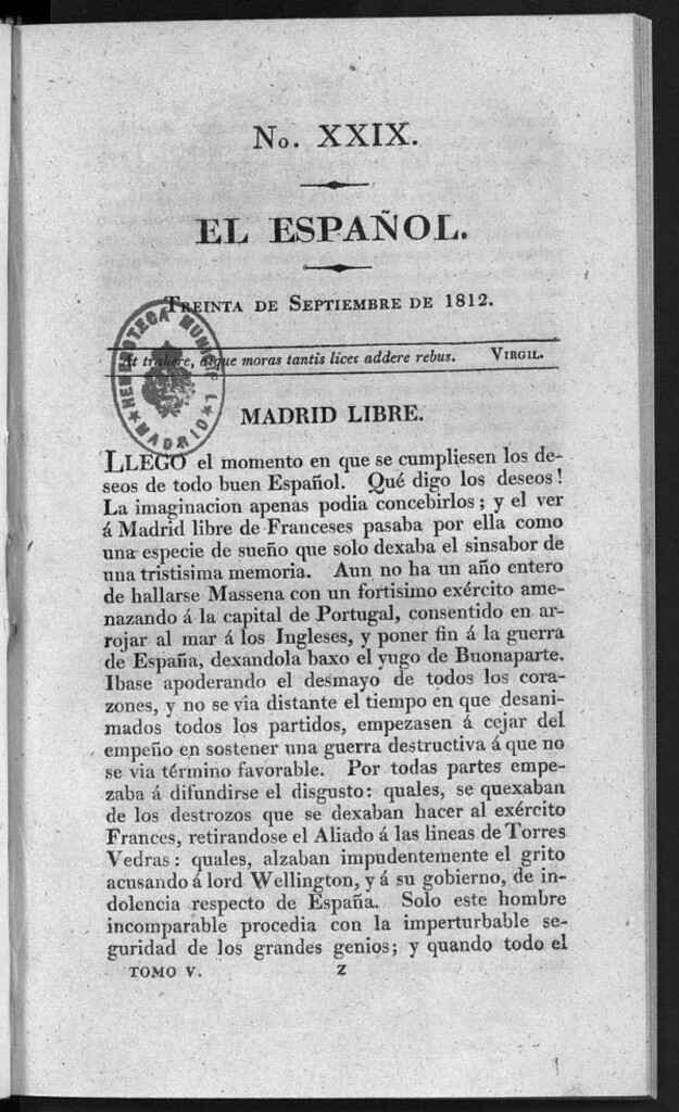 Miniatura de El Español. Nº XXIX, 30 de septiembre de 1812.
