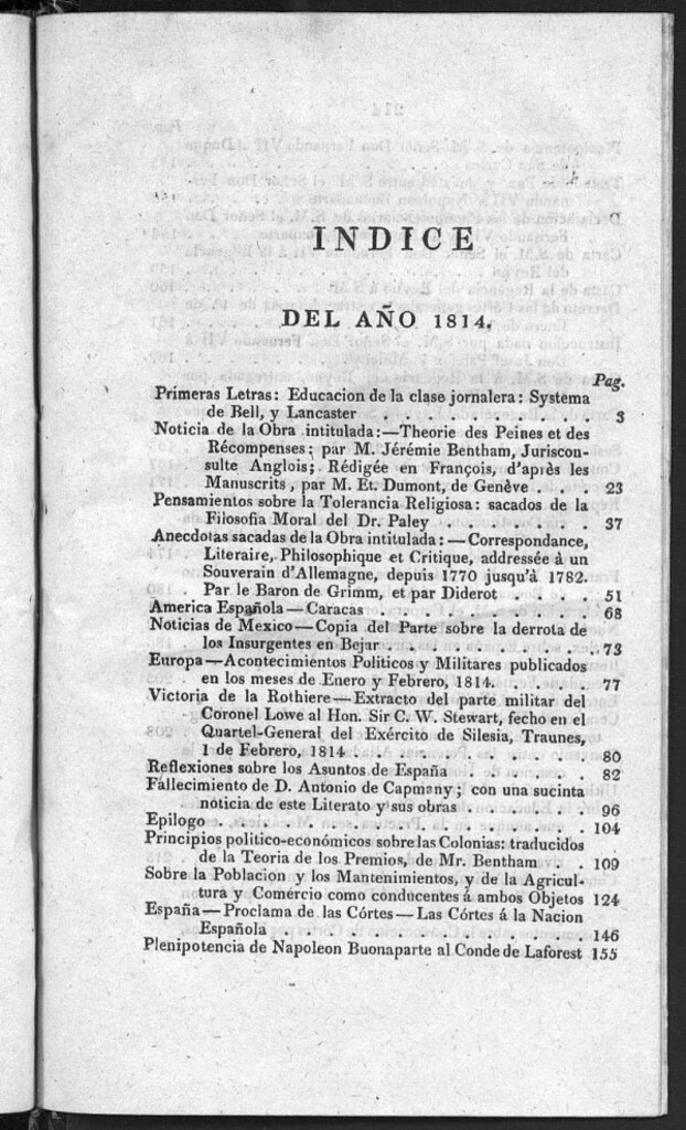 Miniatura de El Español, índice de enero a junio de 1814