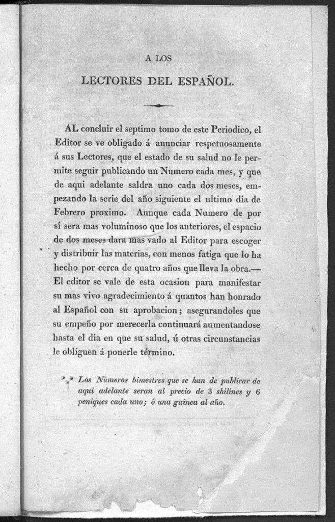 Miniatura de El Español. Nota a los lectores, diciembre de 1813