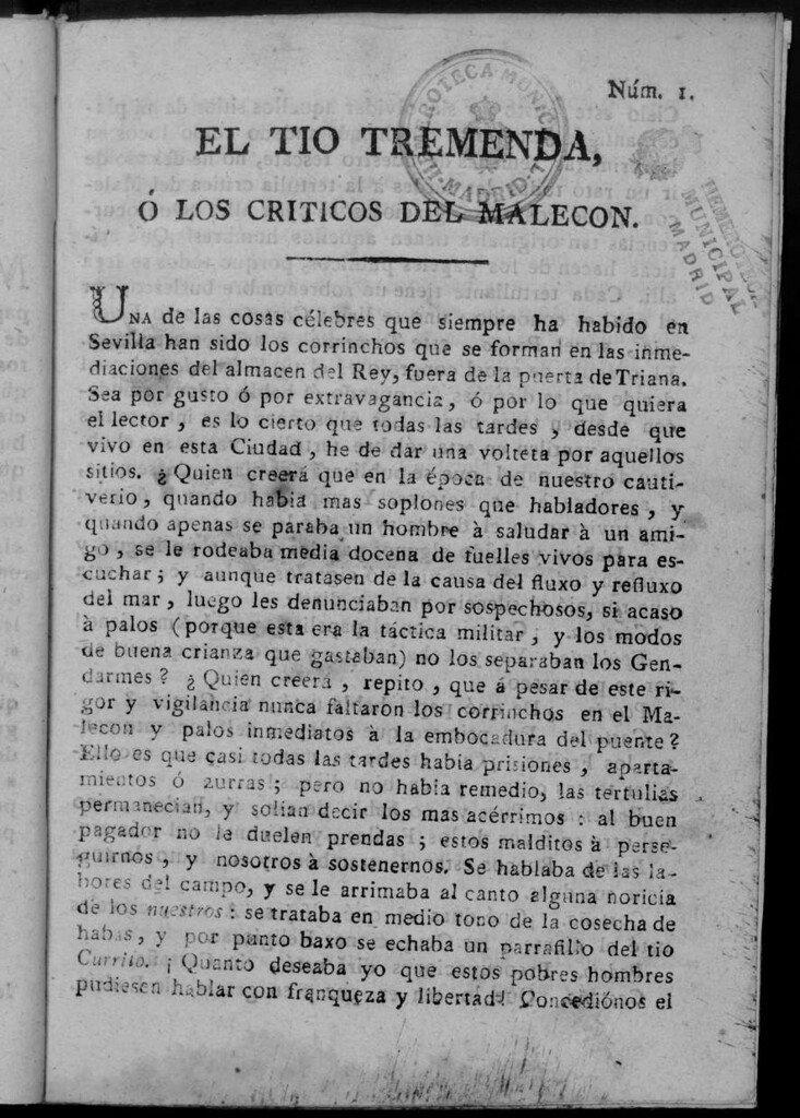 Miniatura de El Tío Tremenda ó Los Críticos del Malecón : papel periódico publicado en esta ciudad / su autor D.J.M.D.R. Número 1