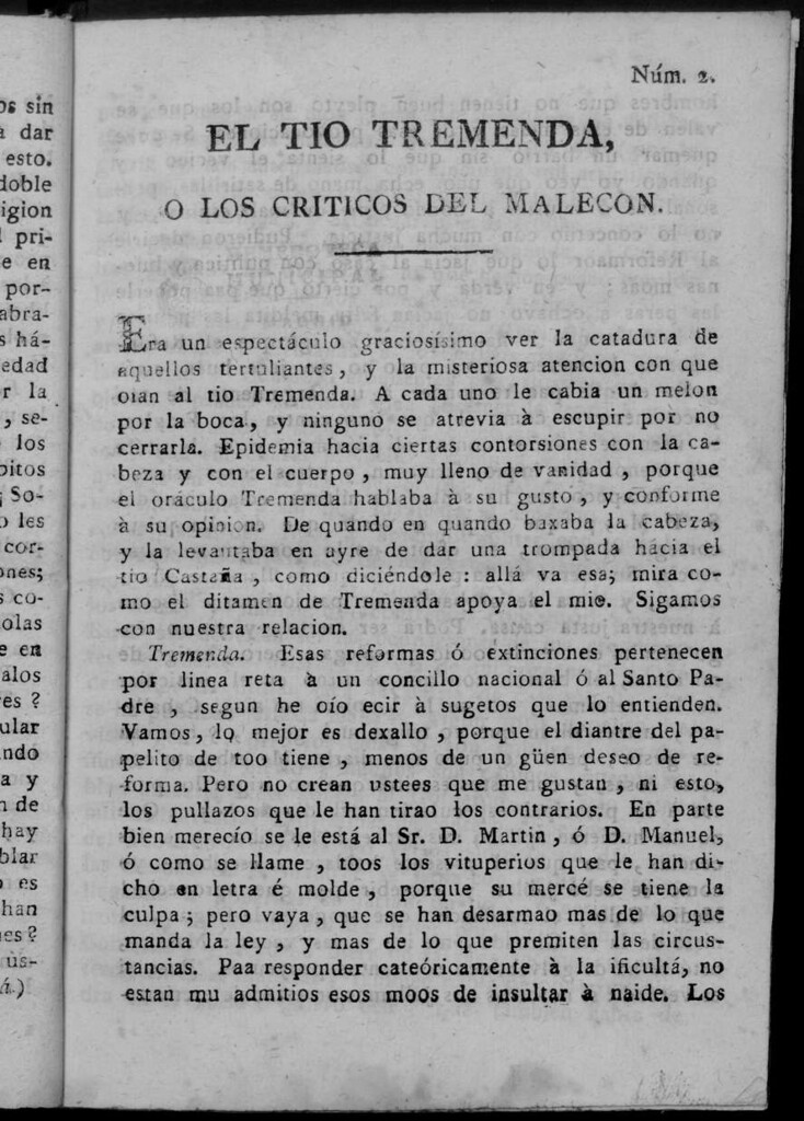 Miniatura de El Tío Tremenda ó Los Críticos del Malecón : papel periódico publicado en esta ciudad / su autor D.J.M.D.R. Número 2