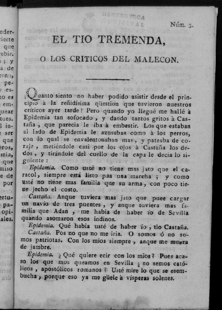 Miniatura de El Tío Tremenda ó Los Críticos del Malecón : papel periódico publicado en esta ciudad / su autor D.J.M.D.R. Número 3