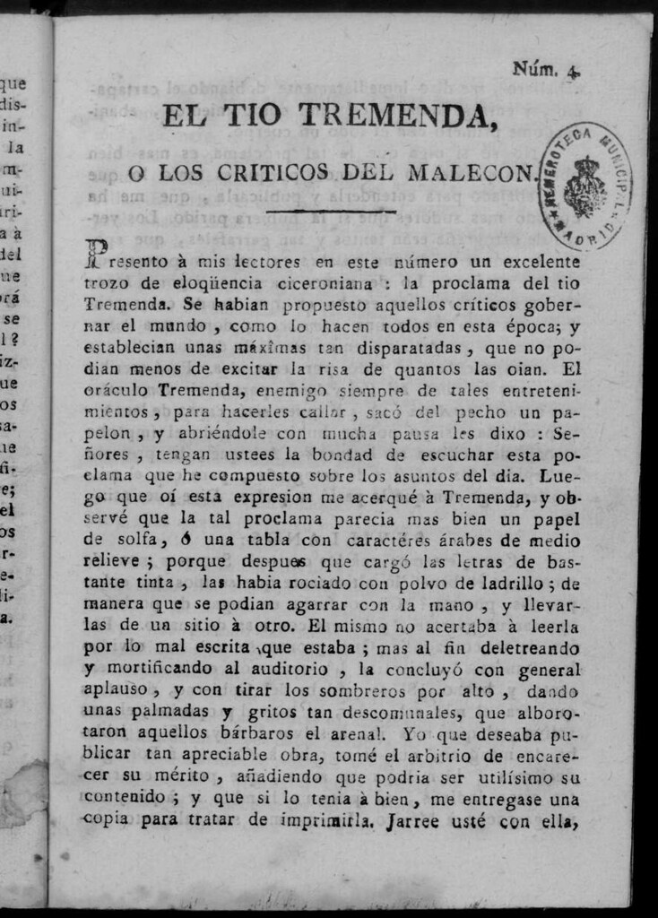 Miniatura de El Tío Tremenda ó Los Críticos del Malecón : papel periódico publicado en esta ciudad / su autor D.J.M.D.R. Número 4