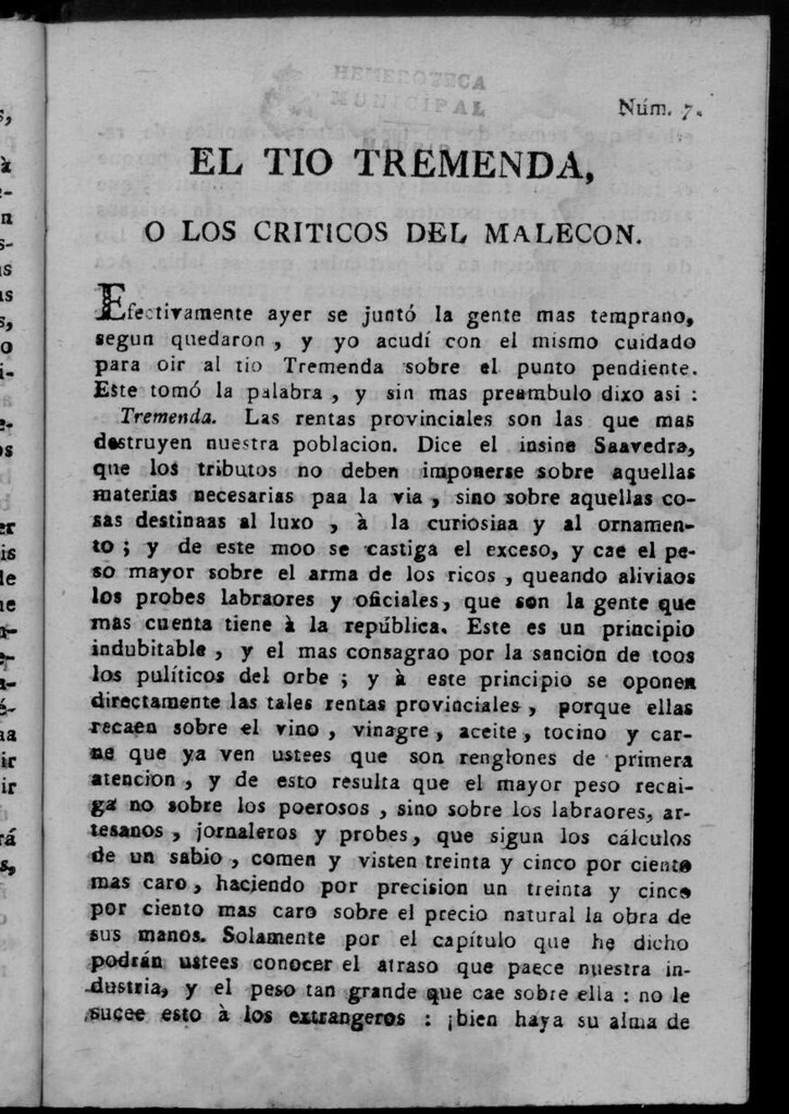 Miniatura de El Tío Tremenda ó Los Críticos del Malecón : papel periódico publicado en esta ciudad / su autor D.J.M.D.R. Número 7