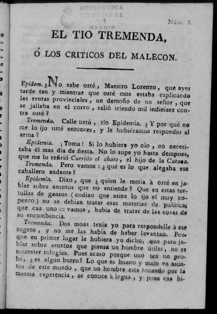 Miniatura de El Tío Tremenda ó Los Críticos del Malecón : papel periódico publicado en esta ciudad / su autor D.J.M.D.R. Número 8