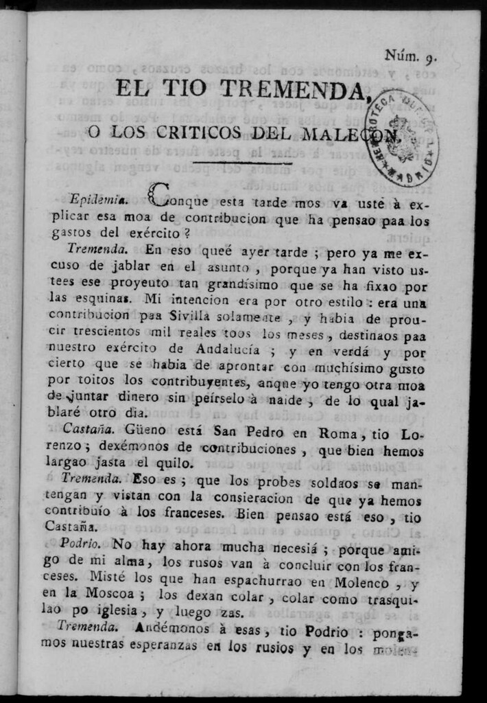 Miniatura de El Tío Tremenda ó Los Críticos del Malecón : papel periódico publicado en esta ciudad / su autor D.J.M.D.R. Número 9