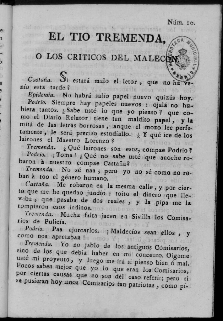 Miniatura de El Tío Tremenda ó Los Críticos del Malecón : papel periódico publicado en esta ciudad / su autor D.J.M.D.R. Número 10