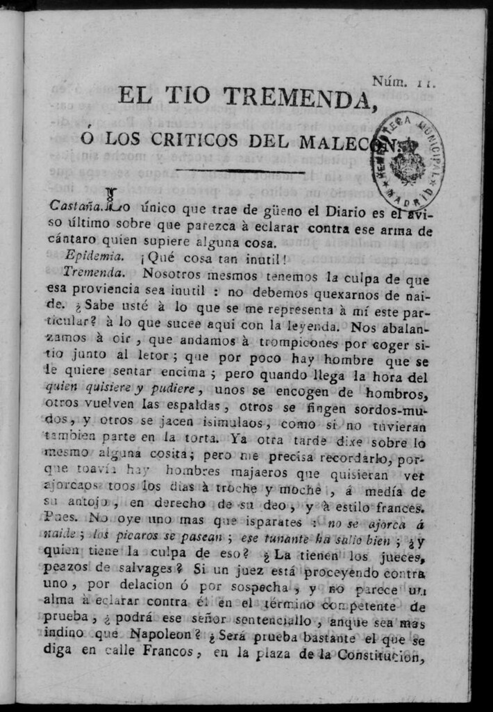 Miniatura de El Tío Tremenda ó Los Críticos del Malecón : papel periódico publicado en esta ciudad / su autor D.J.M.D.R. Número 11