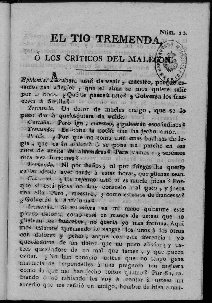 Miniatura de El Tío Tremenda ó Los Críticos del Malecón : papel periódico publicado en esta ciudad / su autor D.J.M.D.R. Número 12