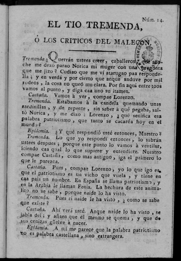 Miniatura de El Tío Tremenda ó Los Críticos del Malecón : papel periódico publicado en esta ciudad / su autor D.J.M.D.R. Número 14