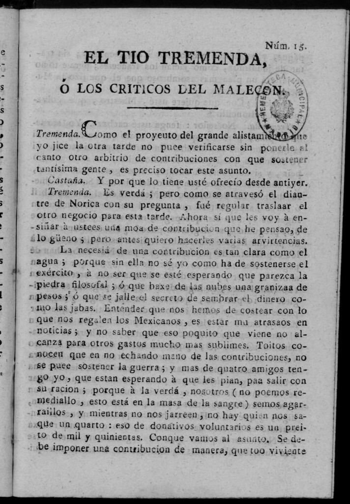 Miniatura de El Tío Tremenda ó Los Críticos del Malecón : papel periódico publicado en esta ciudad / su autor D.J.M.D.R. Número 15