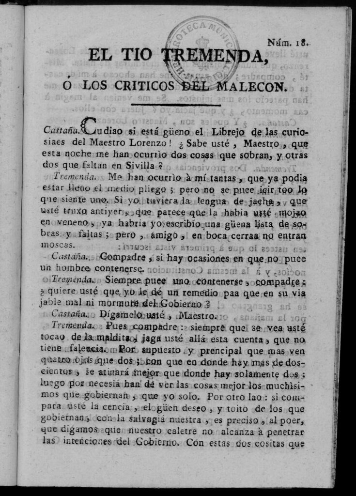Miniatura de El Tío Tremenda ó Los Críticos del Malecón : papel periódico publicado en esta ciudad / su autor D.J.M.D.R. Número 18