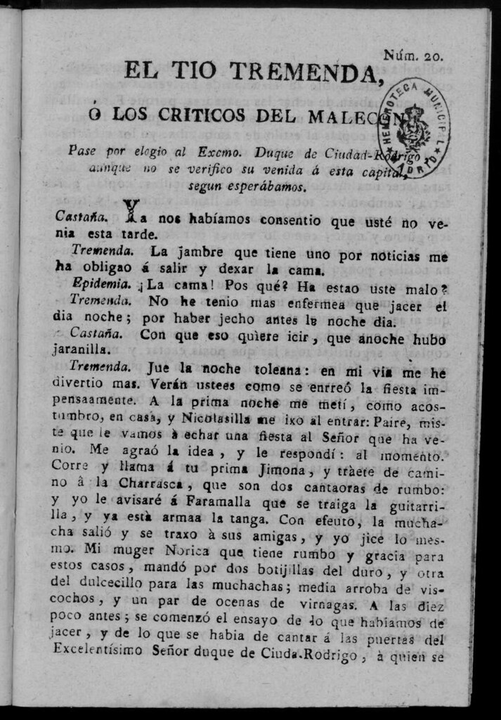 Miniatura de El Tío Tremenda ó Los Críticos del Malecón : papel periódico publicado en esta ciudad / su autor D.J.M.D.R. Número 20