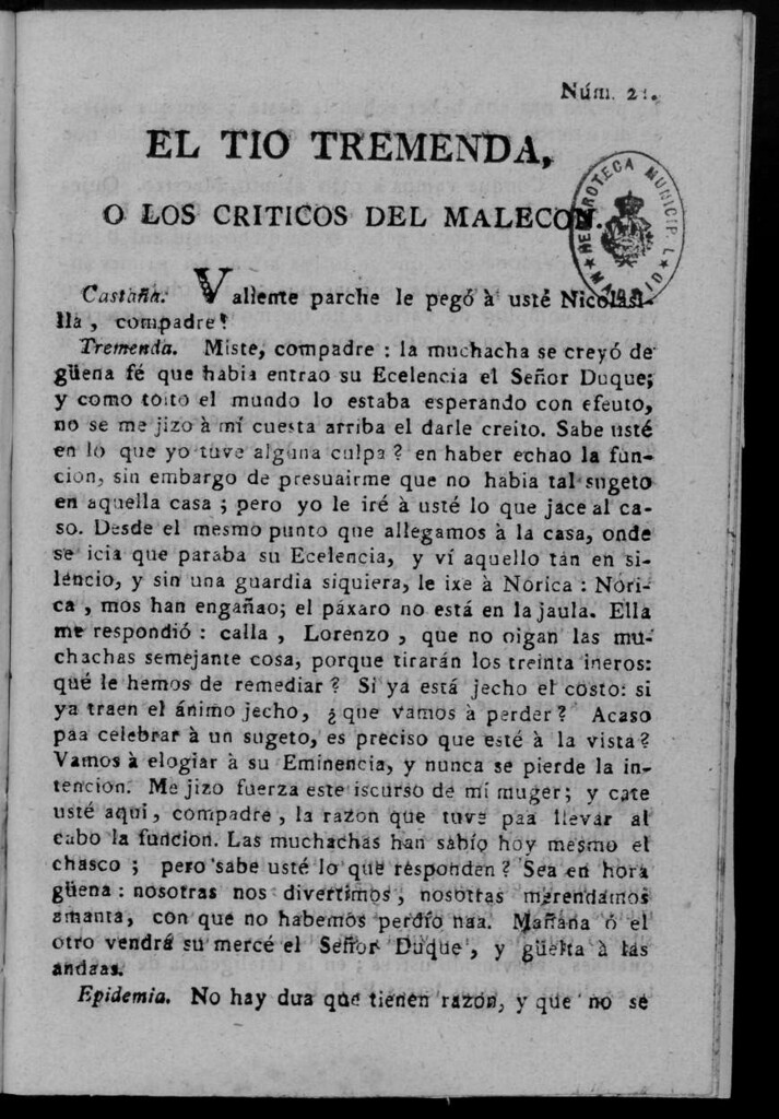 Miniatura de El Tío Tremenda ó Los Críticos del Malecón : papel periódico publicado en esta ciudad / su autor D.J.M.D.R. Número 21