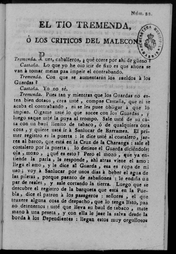 Miniatura de El Tío Tremenda ó Los Críticos del Malecón : papel periódico publicado en esta ciudad / su autor D.J.M.D.R. Número 22
