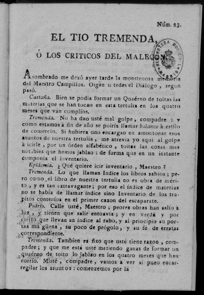Miniatura de El Tío Tremenda ó Los Críticos del Malecón : papel periódico publicado en esta ciudad / su autor D.J.M.D.R. Número 23