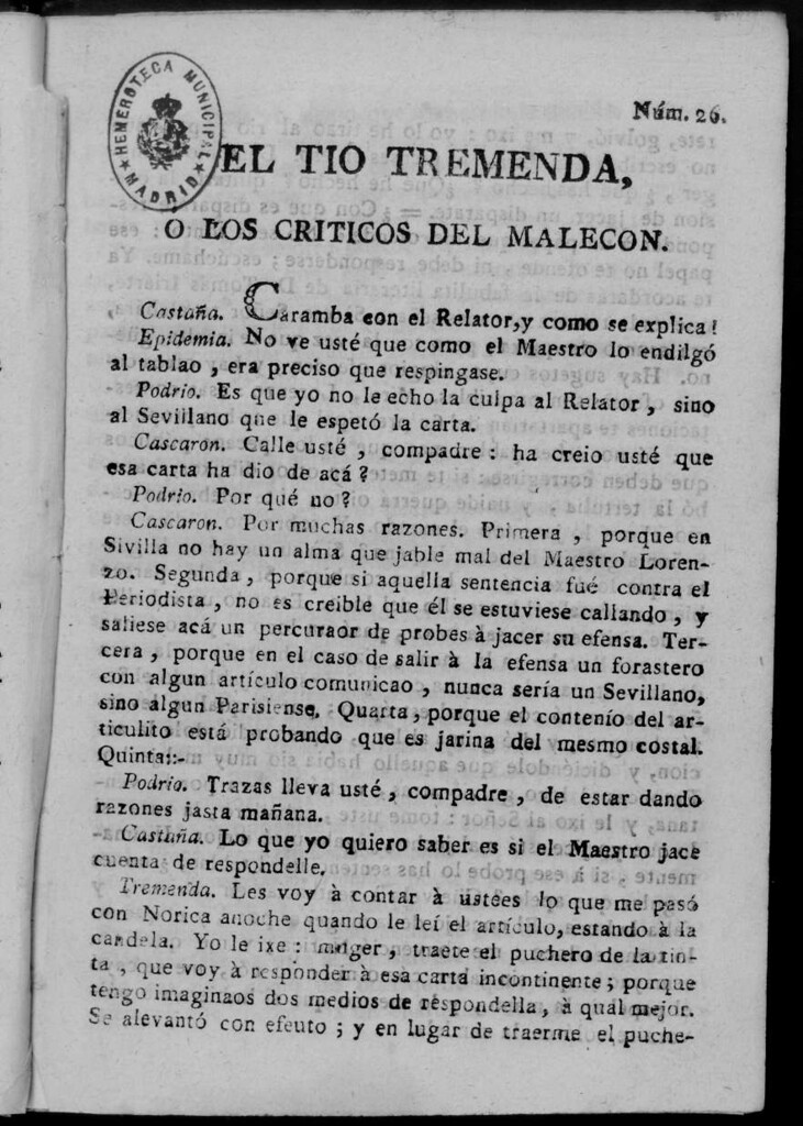 Miniatura de El Tío Tremenda ó Los Críticos del Malecón : papel periódico publicado en esta ciudad / su autor D.J.M.D.R. Número 26