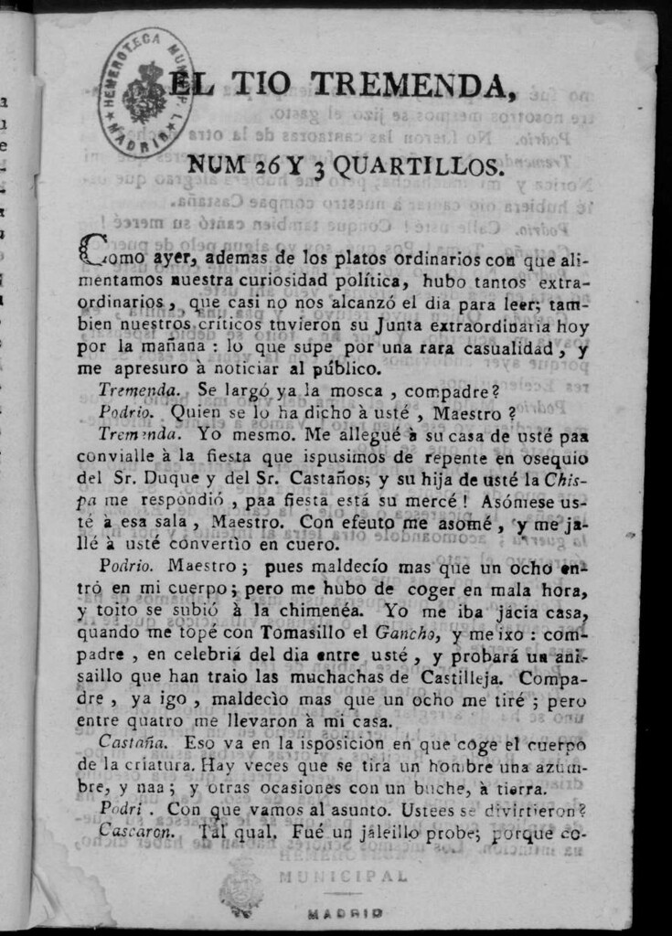 Miniatura de El Tío Tremenda ó Los Críticos del Malecón : papel periódico publicado en esta ciudad / su autor D.J.M.D.R. Número 26 y 3 Quartillos