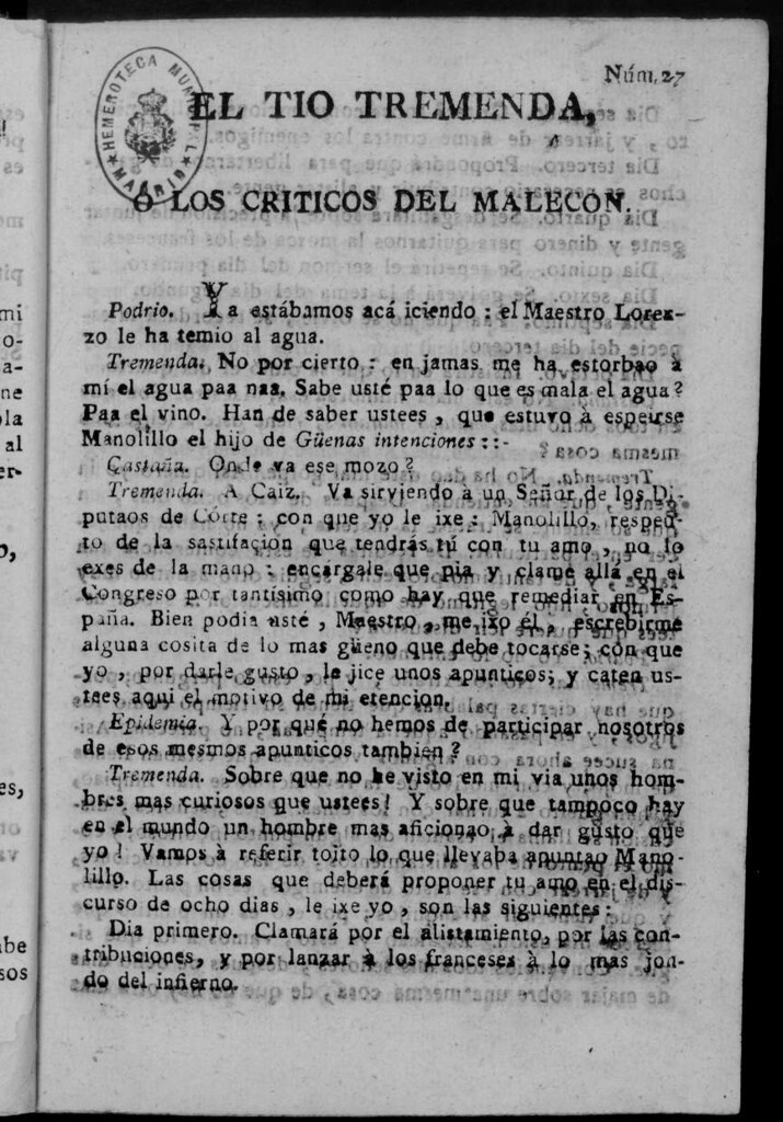 Miniatura de El Tío Tremenda ó Los Críticos del Malecón : papel periódico publicado en esta ciudad / su autor D.J.M.D.R. Número 27