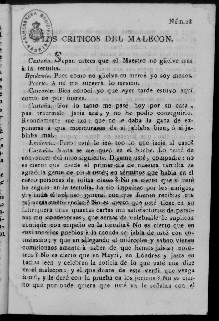 Miniatura de El Tío Tremenda ó Los Críticos del Malecón : papel periódico publicado en esta ciudad / su autor D.J.M.D.R. Número 28