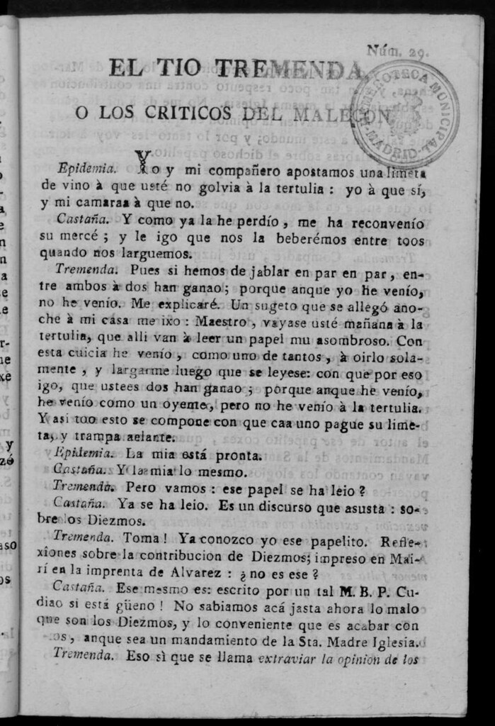 Miniatura de El Tío Tremenda ó Los Críticos del Malecón : papel periódico publicado en esta ciudad / su autor D.J.M.D.R. Número 29