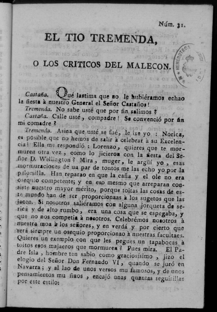 Miniatura de El Tío Tremenda ó Los Críticos del Malecón : papel periódico publicado en esta ciudad / su autor D.J.M.D.R. Número 31