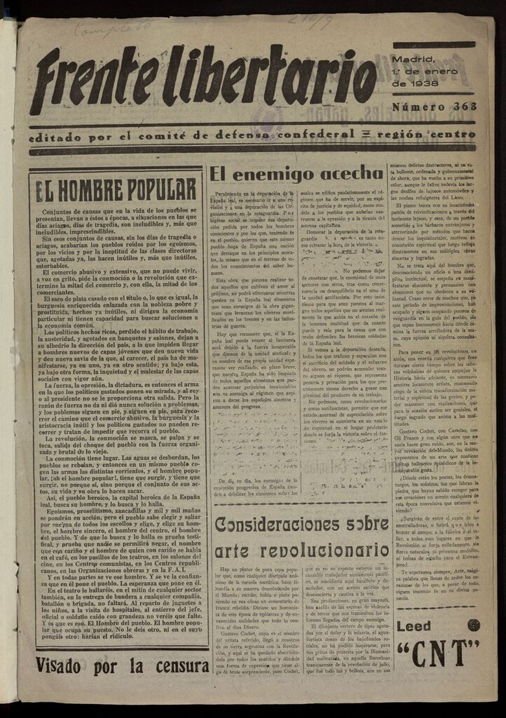 Miniatura de Frente Libertario: Órgano de las Milicias Confederales