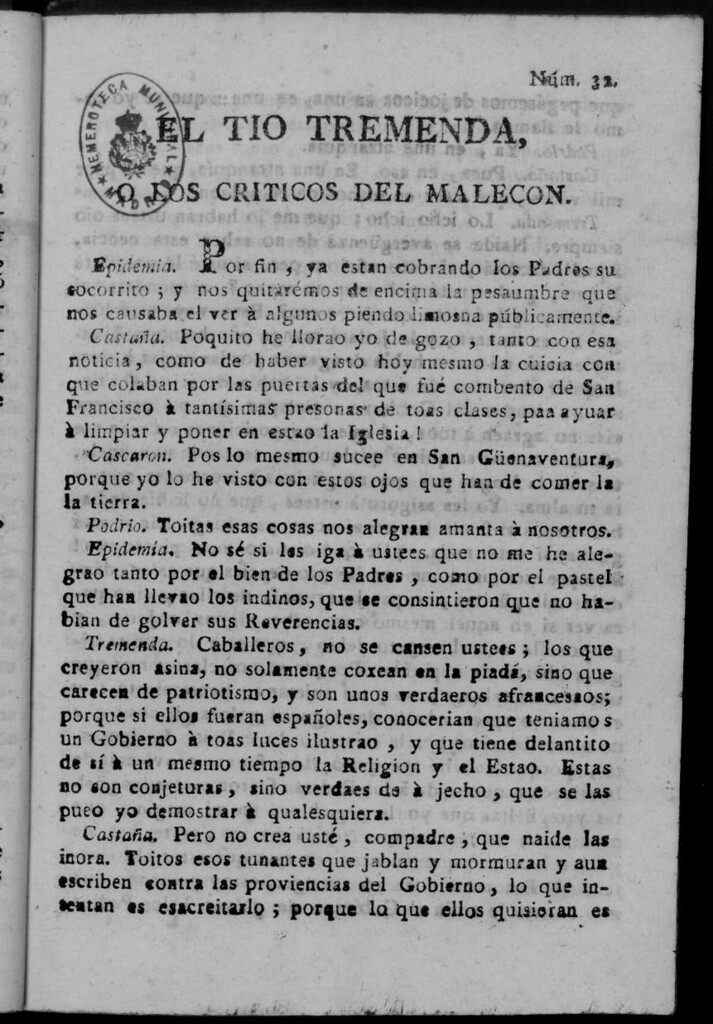 Miniatura de El Tío Tremenda ó Los Críticos del Malecón : papel periódico publicado en esta ciudad / su autor D.J.M.D.R. Número 32
