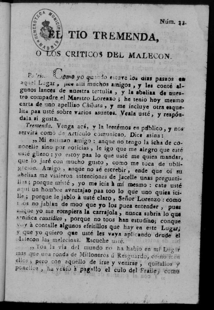 Miniatura de El Tío Tremenda ó Los Críticos del Malecón : papel periódico publicado en esta ciudad / su autor D.J.M.D.R. Número 33