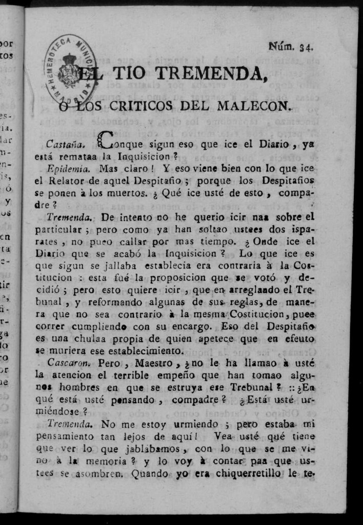 Miniatura de El Tío Tremenda ó Los Críticos del Malecón : papel periódico publicado en esta ciudad / su autor D.J.M.D.R. Número 34