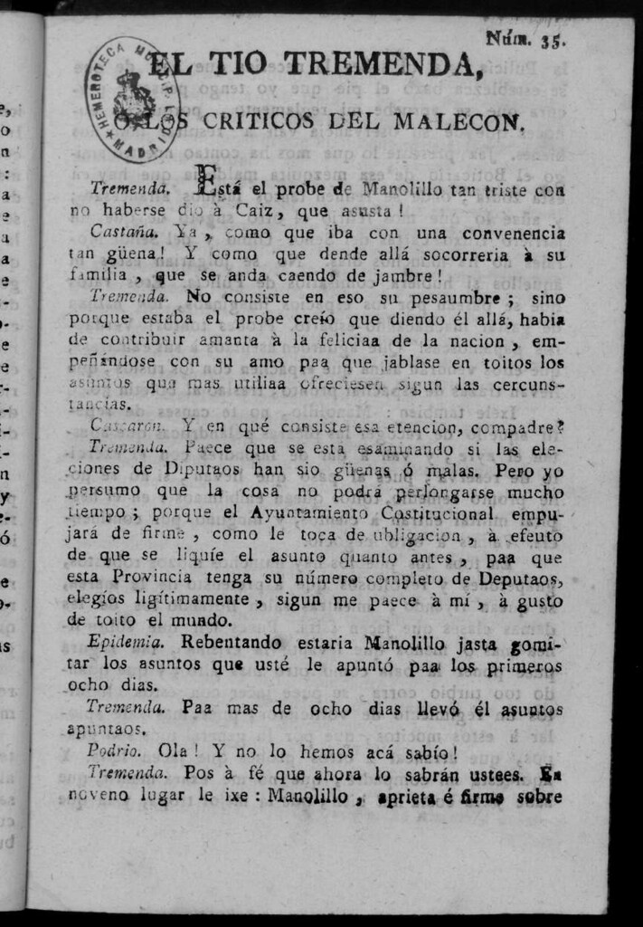 Miniatura de El Tío Tremenda ó Los Críticos del Malecón : papel periódico publicado en esta ciudad / su autor D.J.M.D.R. Número 35