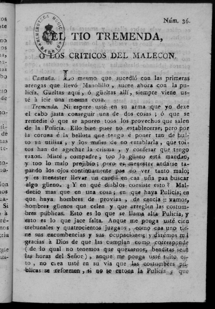 Miniatura de El Tío Tremenda ó Los Críticos del Malecón : papel periódico publicado en esta ciudad / su autor D.J.M.D.R. Número 36