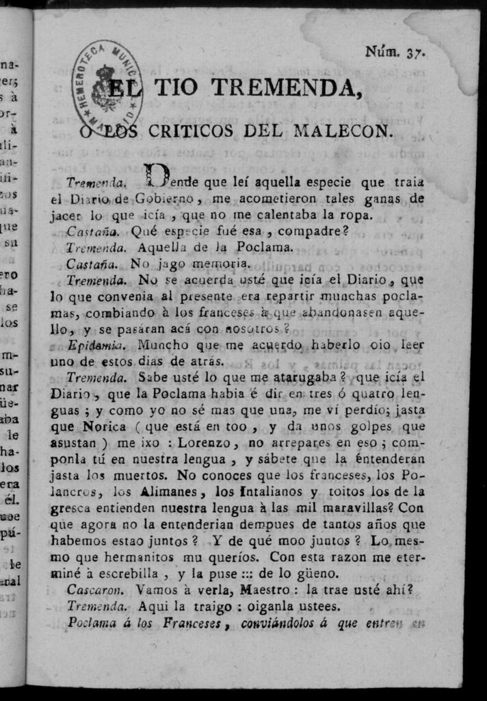Miniatura de El Tío Tremenda ó Los Críticos del Malecón : papel periódico publicado en esta ciudad / su autor D.J.M.D.R. Número 37