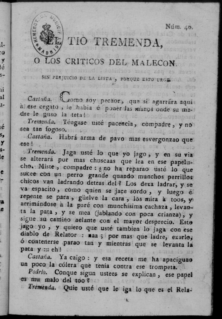 Miniatura de El Tío Tremenda ó Los Críticos del Malecón : papel periódico publicado en esta ciudad / su autor D.J.M.D.R. Número 40