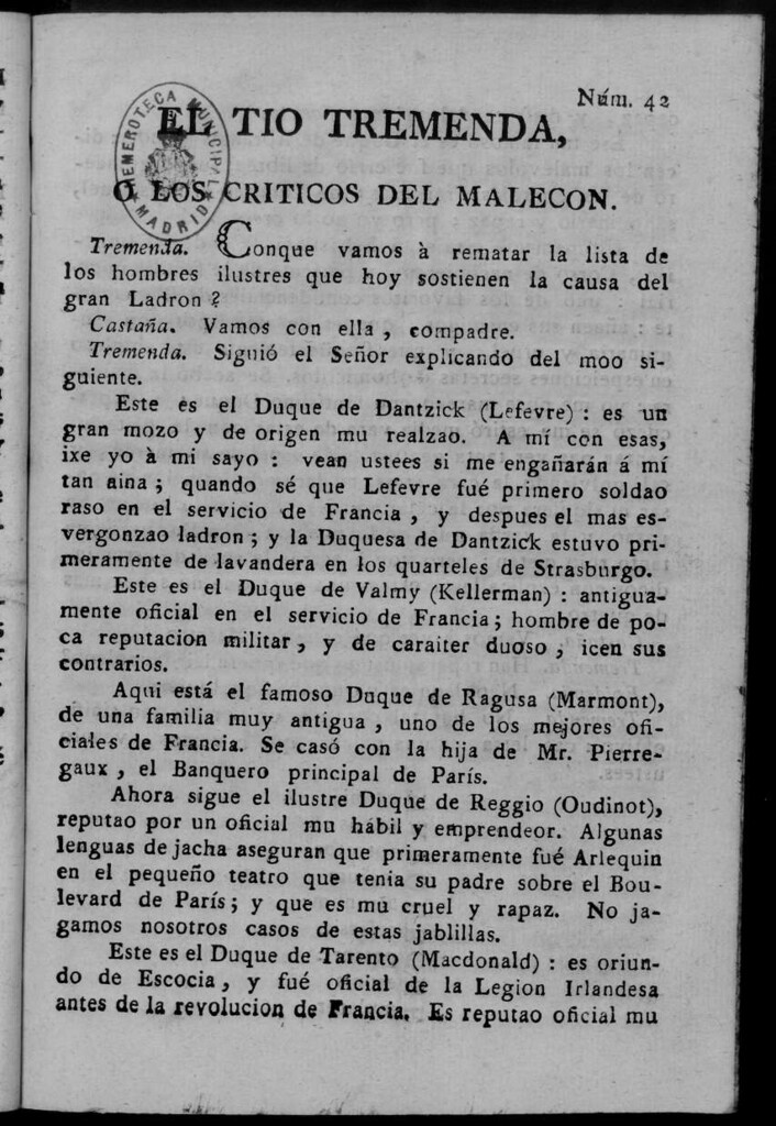 Miniatura de El Tío Tremenda ó Los Críticos del Malecón : papel periódico publicado en esta ciudad / su autor D.J.M.D.R. Número 42