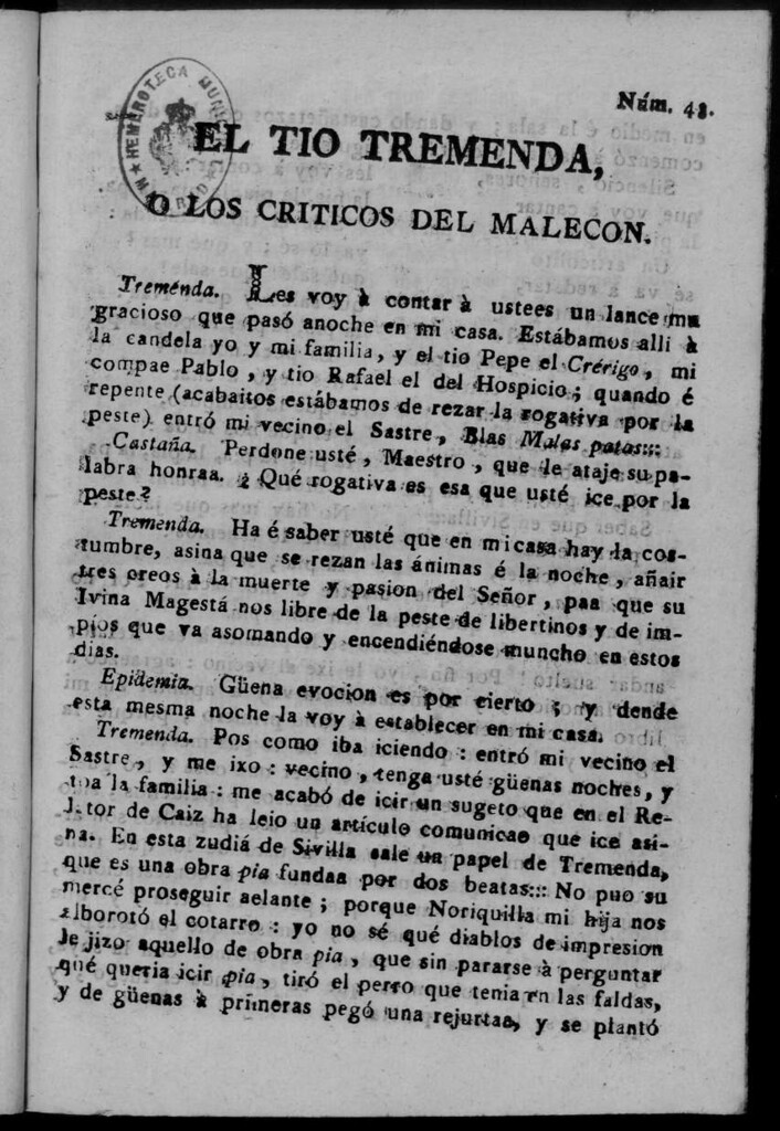 Miniatura de El Tío Tremenda ó Los Críticos del Malecón : papel periódico publicado en esta ciudad / su autor D.J.M.D.R. Número 43
