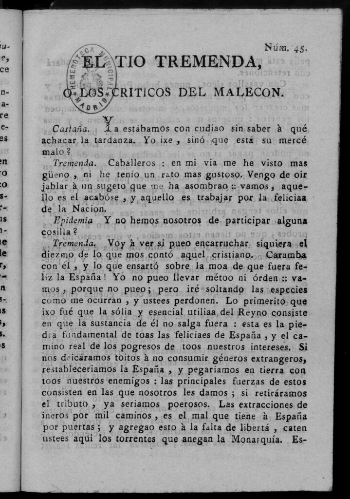 Miniatura de El Tío Tremenda ó Los Críticos del Malecón : papel periódico publicado en esta ciudad / su autor D.J.M.D.R. Número 45
