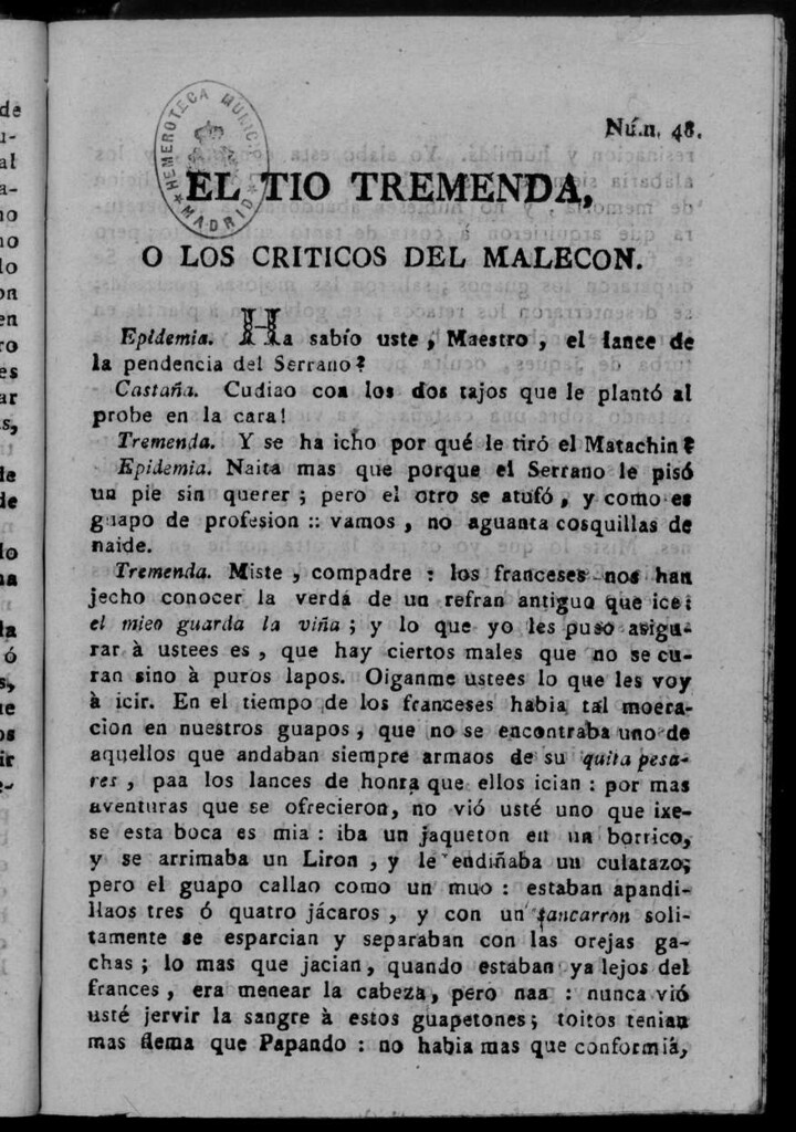 Miniatura de El Tío Tremenda ó Los Críticos del Malecón : papel periódico publicado en esta ciudad / su autor D.J.M.D.R. Número 48