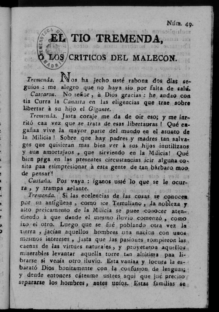 Miniatura de El Tío Tremenda ó Los Críticos del Malecón : papel periódico publicado en esta ciudad / su autor D.J.M.D.R. Número 49