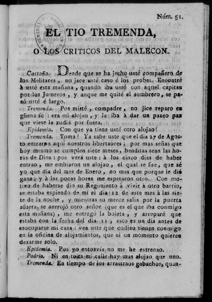 Miniatura de El Tío Tremenda ó Los Críticos del Malecón : papel periódico publicado en esta ciudad / su autor D.J.M.D.R. Número 51