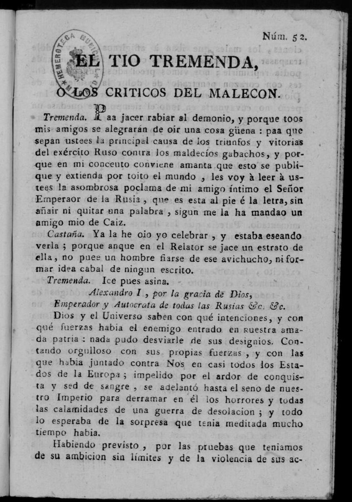 Miniatura de El Tío Tremenda ó Los Críticos del Malecón : papel periódico publicado en esta ciudad / su autor D.J.M.D.R. Número 52