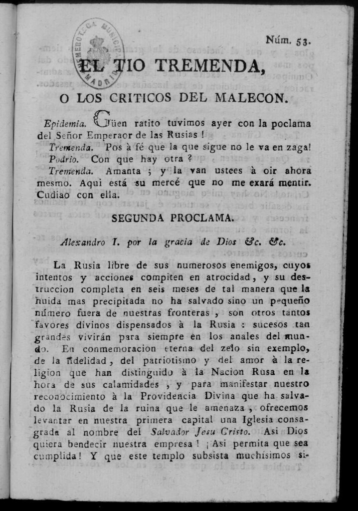 Miniatura de El Tío Tremenda ó Los Críticos del Malecón : papel periódico publicado en esta ciudad / su autor D.J.M.D.R. Número 53