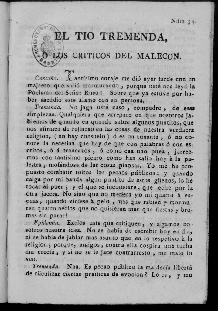 Miniatura de El Tío Tremenda ó Los Críticos del Malecón : papel periódico publicado en esta ciudad / su autor D.J.M.D.R. Número 54